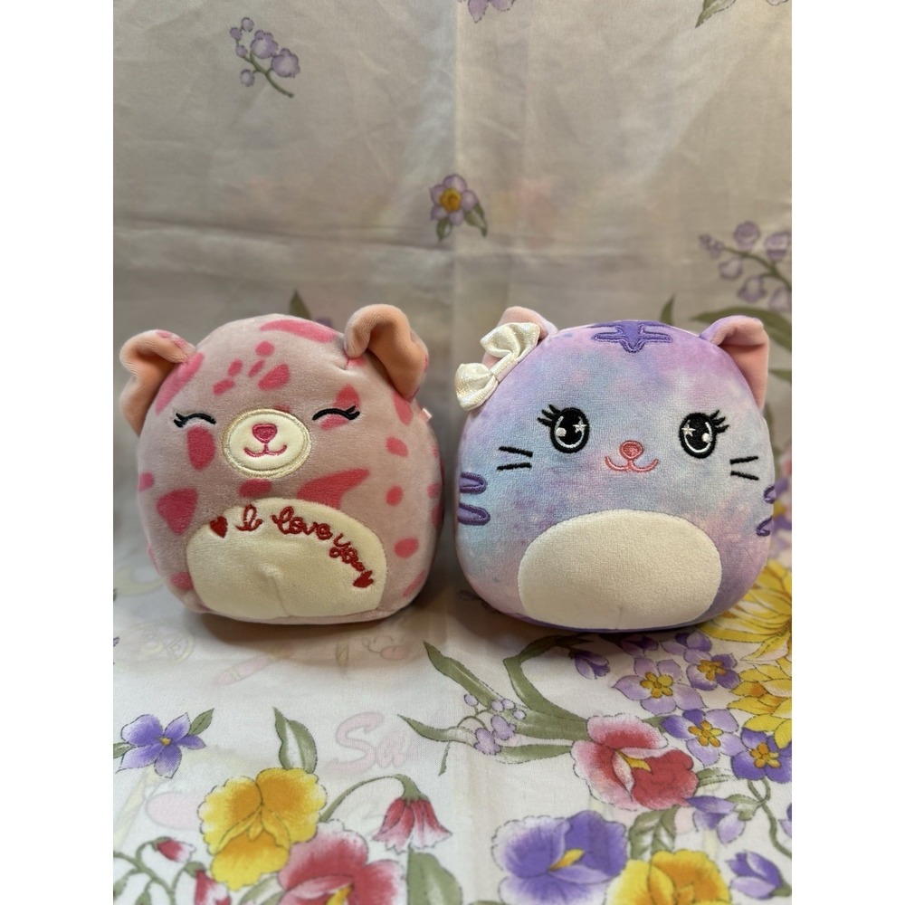 Squishmallow-style Plush Lot Of 2-pink"I Love You Leopard&Pastel Cat